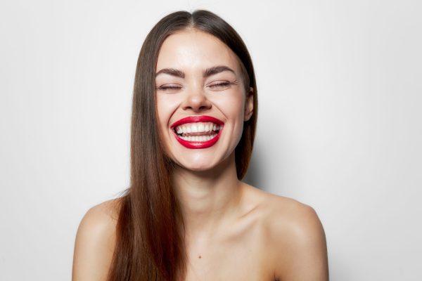 Attractive woman Laughing emotion model charming look cropped view
